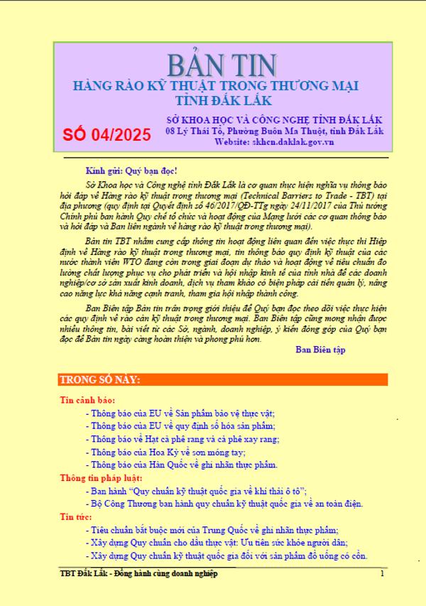 Bản tin Hàng rào kỹ thuật trong thương mại tỉnh Đắk Lắk số 04/2025