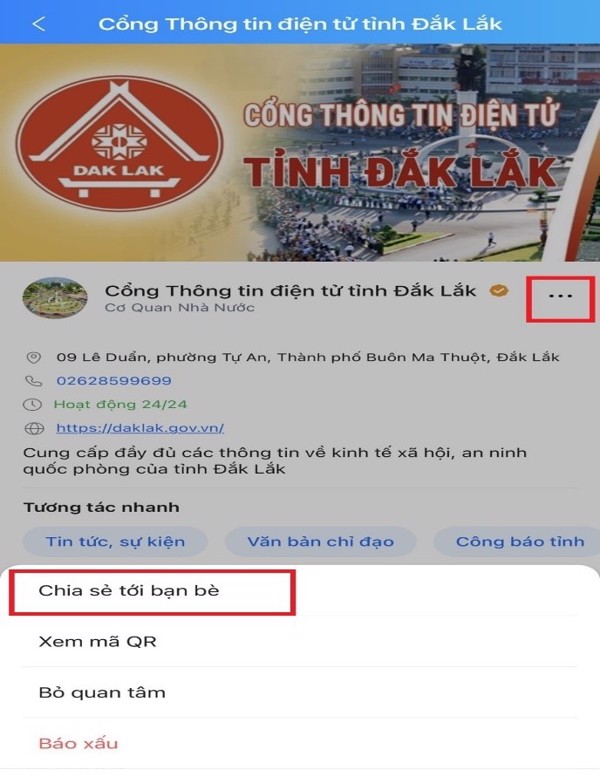 Trang Zalo Official Account “Cổng Thông tin điện tử tỉnh Đắk Lắk”