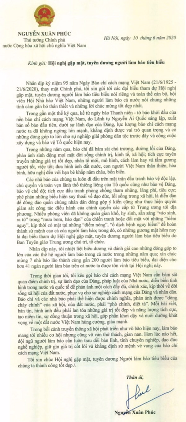 Thủ tướng gửi thư chúc mừng nhân Ngày Báo chí cách mạng Việt Nam